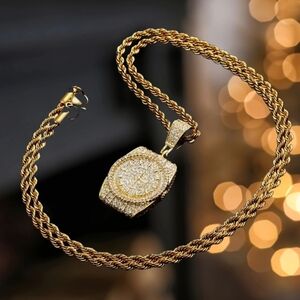 New Pave CZ 18kt Plated Gold Iced Out Watch Pendant Necklace AAA Zircon